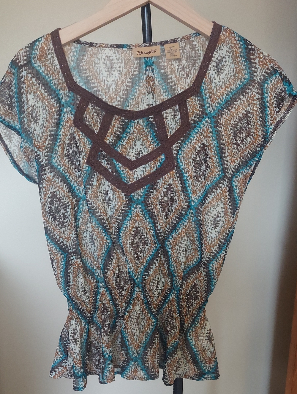 Wrangler Womens Top  Sheer Brown and Teal Lace Accents  Boho  Sz M  Gold Shimmer